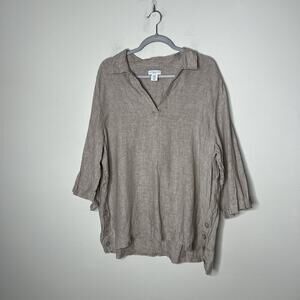Antibes Blanc 100% Linen Tunic Top Womens 1X Beige Button Detail Boho Casual